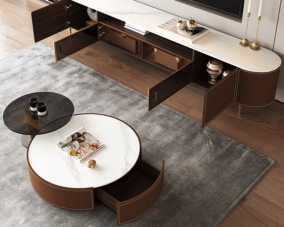 ADEN Modern Leather TV Console & Nesting Coffee Table