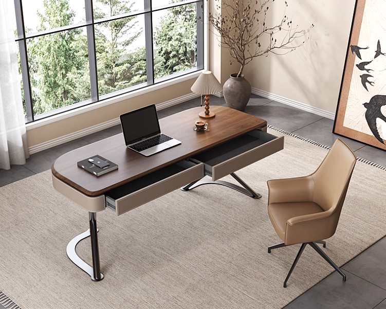 AON Modern Leather Study Table & Swivel Chair Set