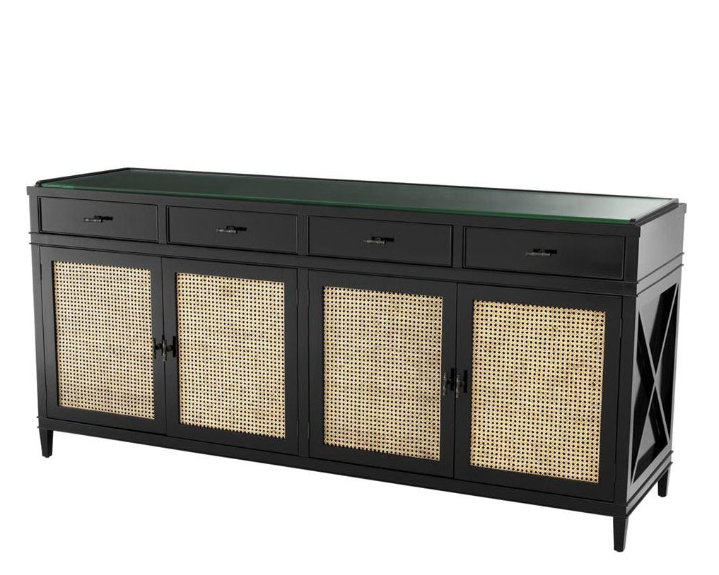 Black sideboard with rattan doors and green top on a white background