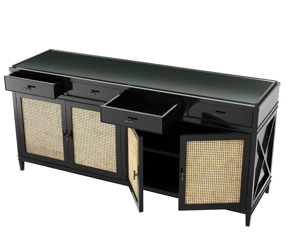Black sideboard with wicker doors on a white background