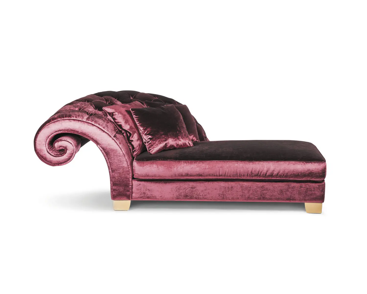 Pink velvet chaise lounge on a white background