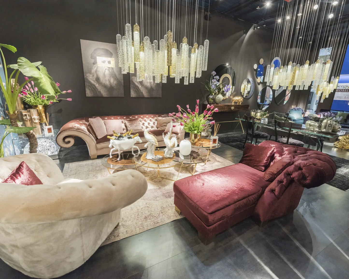 Luxurious living room with modern furniture and decorative elements.