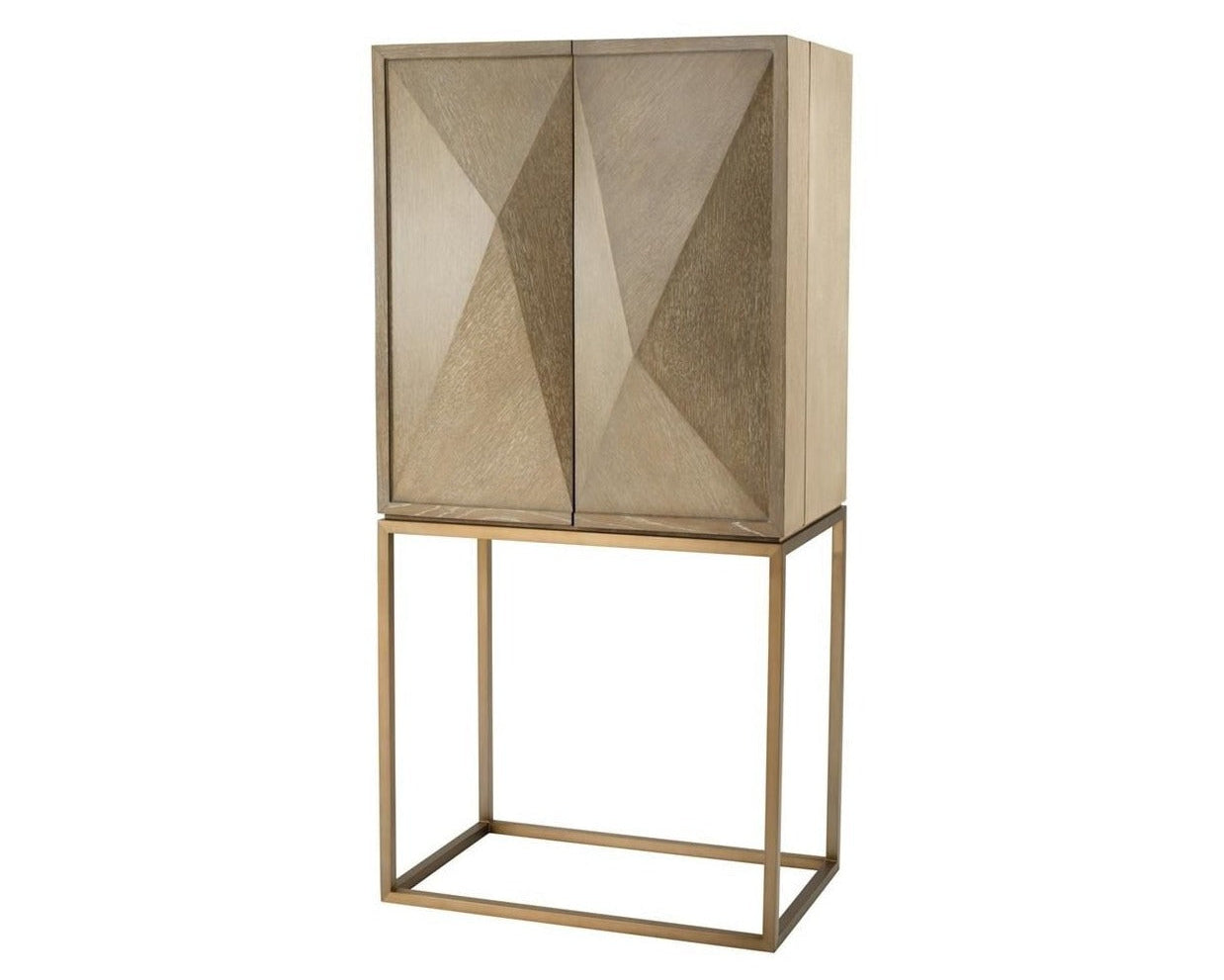 Decorative cabinet with geometric design and gold frame on a white background