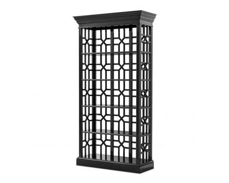 Black decorative shelf with geometric patterns on a white background