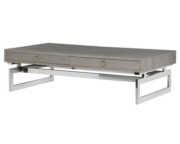 Coffee table with wooden top and metal base on a white background