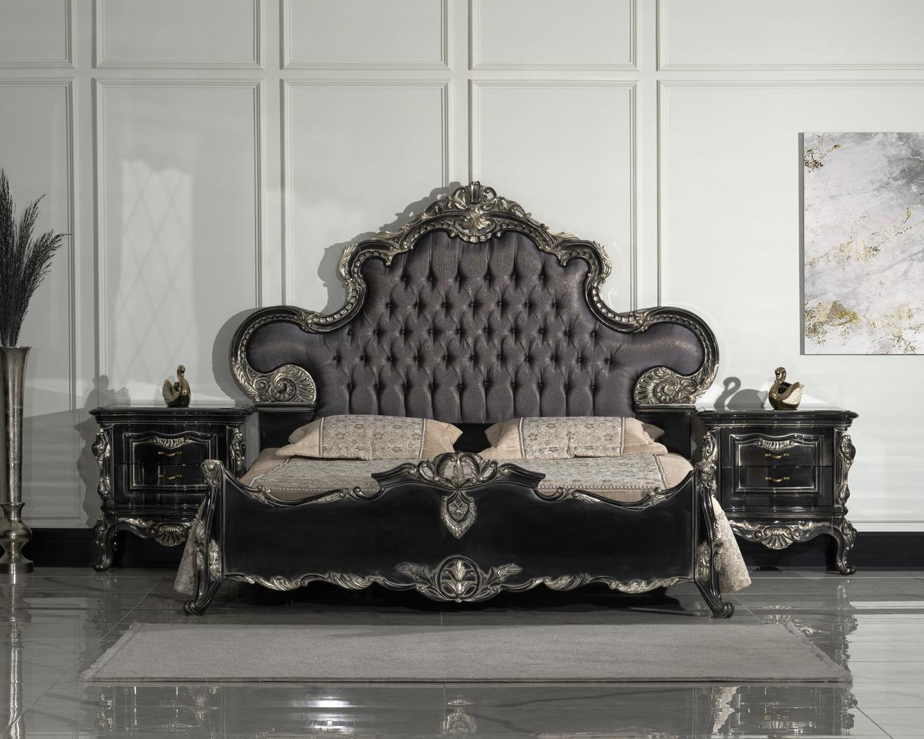 Decorative bedroom set with a large bed and matching nightstands.
