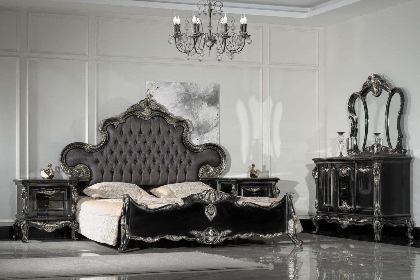 Luxurious bedroom with an ornate bed and matching furniture in a classic style.