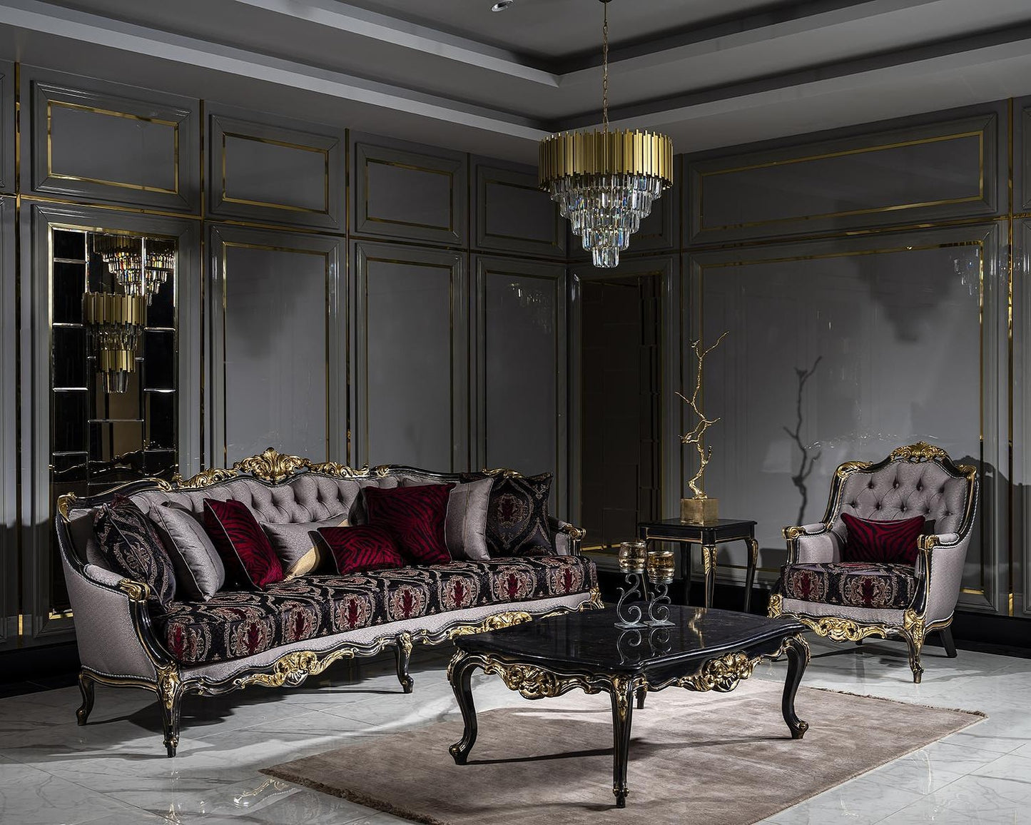 Luxurious living room with ornate sofa armchair chair furniture and chandelier