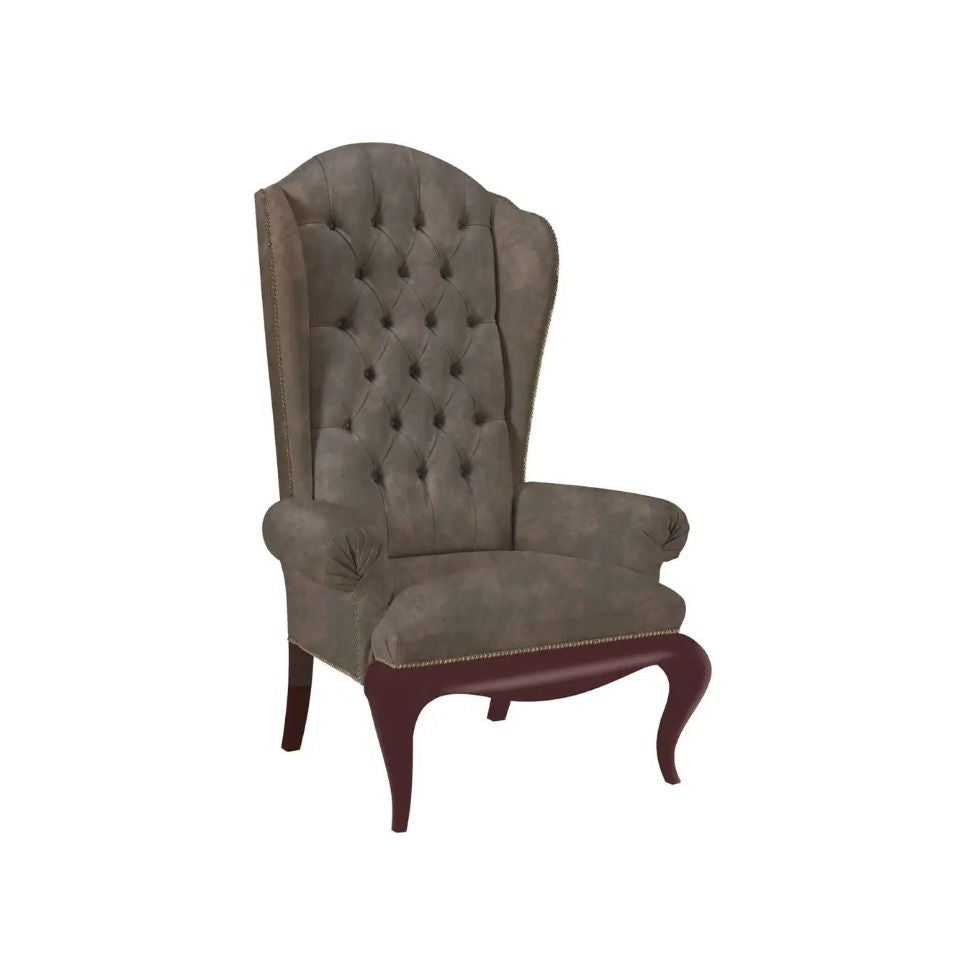 Gray upholstered armchair with tufted backrest on a white background