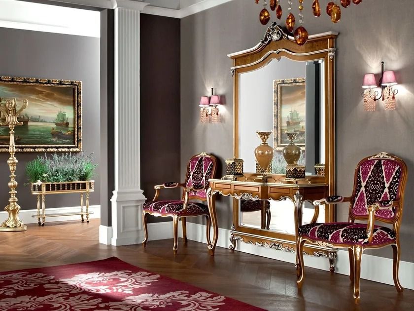 Luxurious interior with ornate furniture, including a mirror and chairs, in a well-lit room.