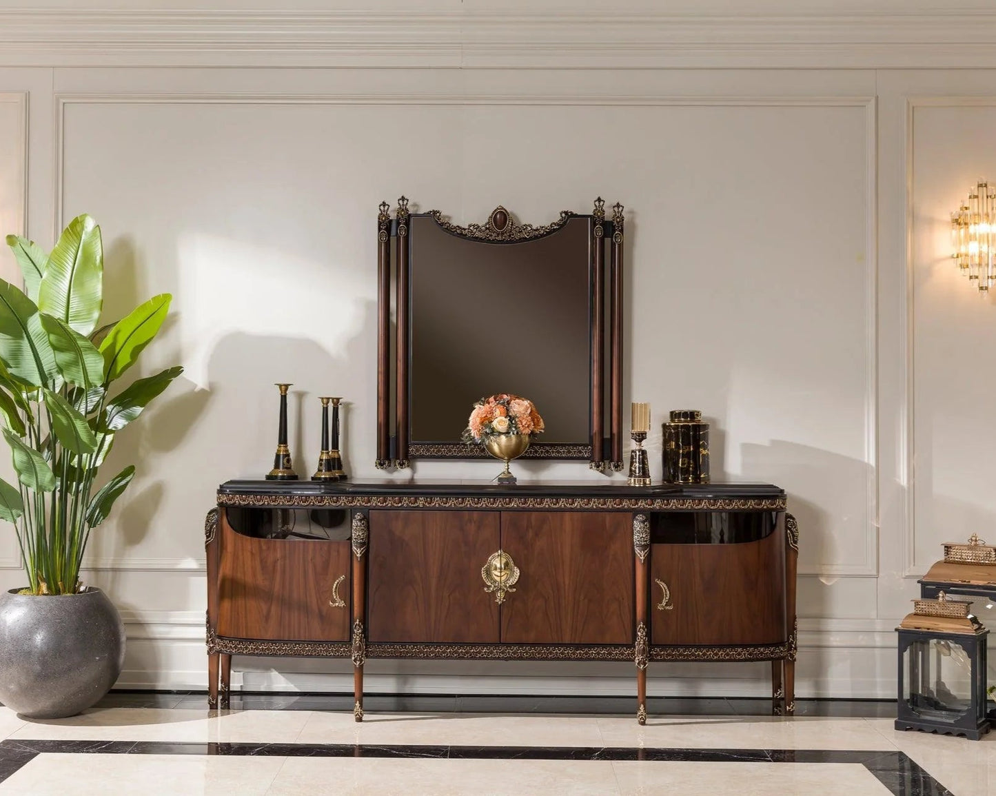 Elegant wooden buffet cabinet with a walnut finish and gold accents, featuring intricate carvings and a mirrored section above the console.