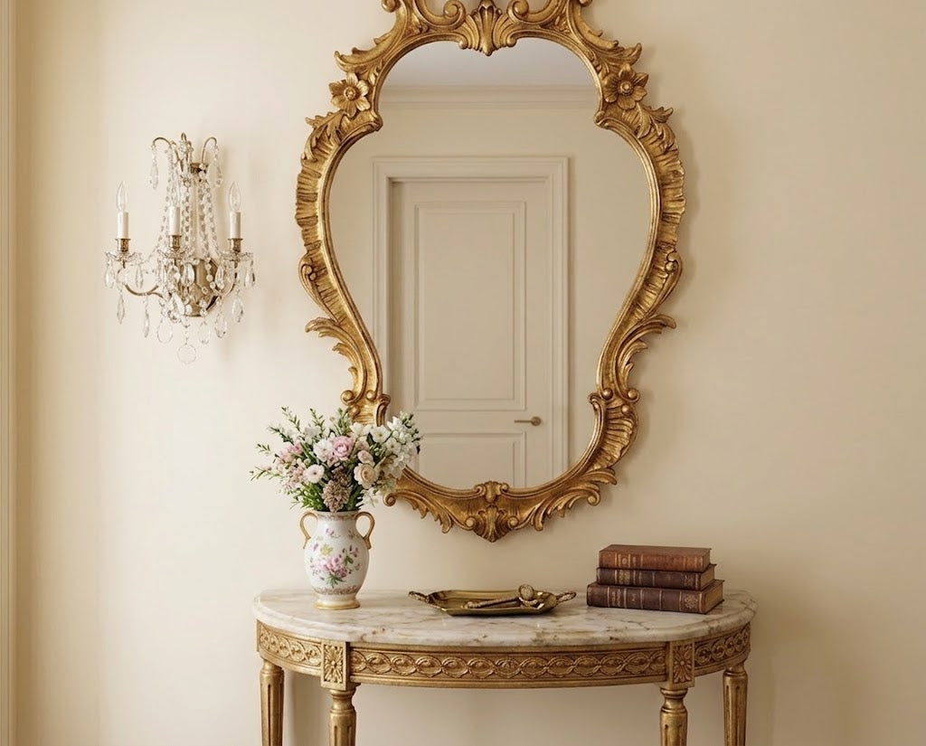 An ornate gold-framed oval wall mirror hangs above a carved console table in a cream-colored room. A floral arrangement in a vase and a stack of books sit on the table, and a crystal candlestick sconce is visible on the left wall.