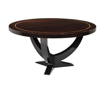 Round wooden table with a black metal base on a white background