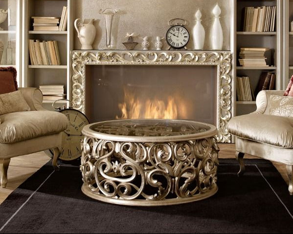 French Baroque Scroll in silver finish and tempered glass top.