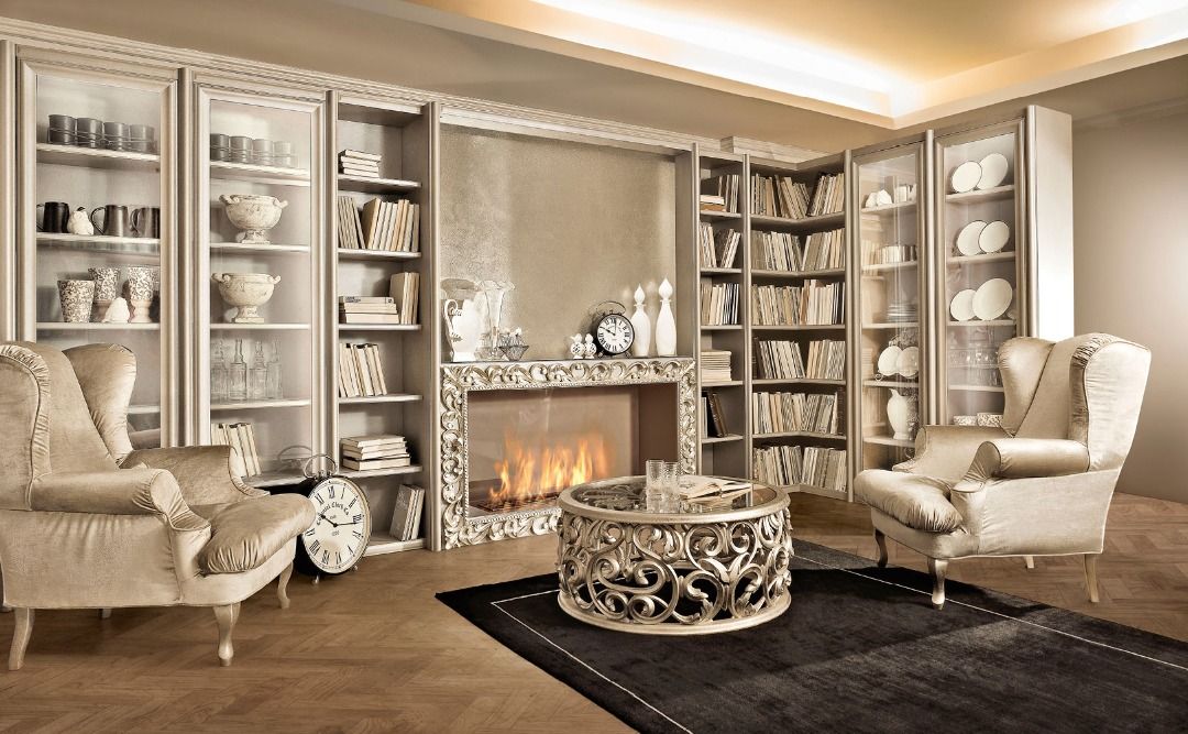 Modern living room with a fireplace, bookshelves, and decorative items.