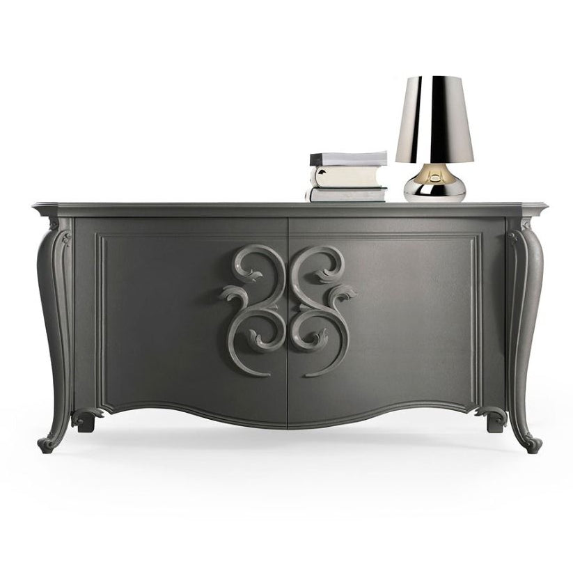 Decorative dark gray sideboard with intricate design on a white background