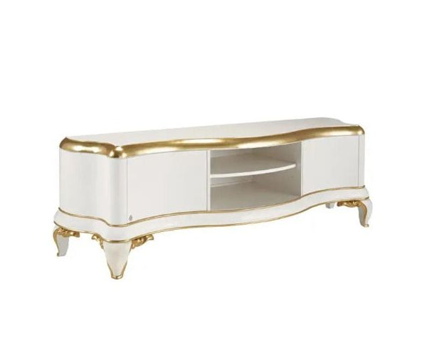 White TV stand with gold accents on a white background