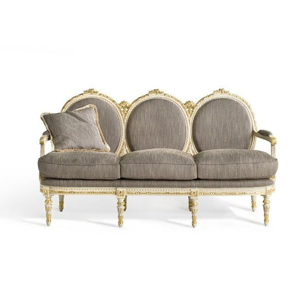 Decorative Louis XVI sofa with gold frame and gray cushions on a white background