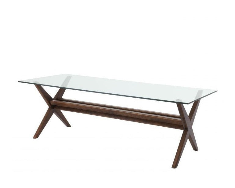 Coffee table with glass top and wooden base on a white background