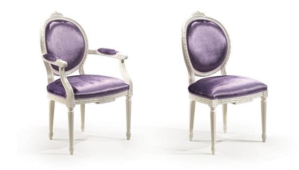 Pair of purple upholstered chairs with white frames on a white background