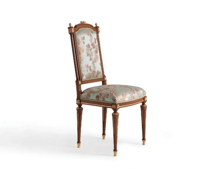 Classical French Luxury Dining Chair, upholstered in floral damask fabric.