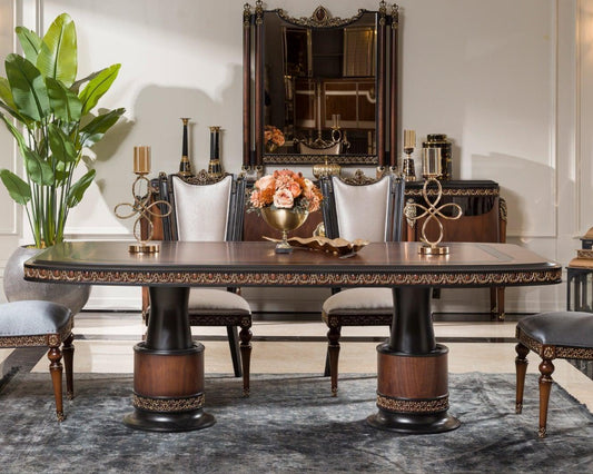 A luxurious French dining table and chairs set with walnut finish and gold accents, upholstered in white chiffon velvet.