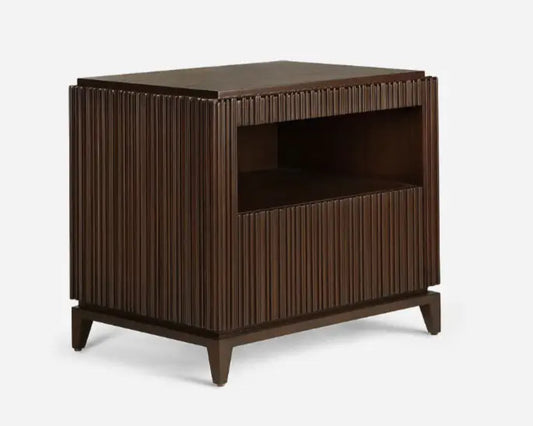 Wooden side table with a ribbed texture on a white background