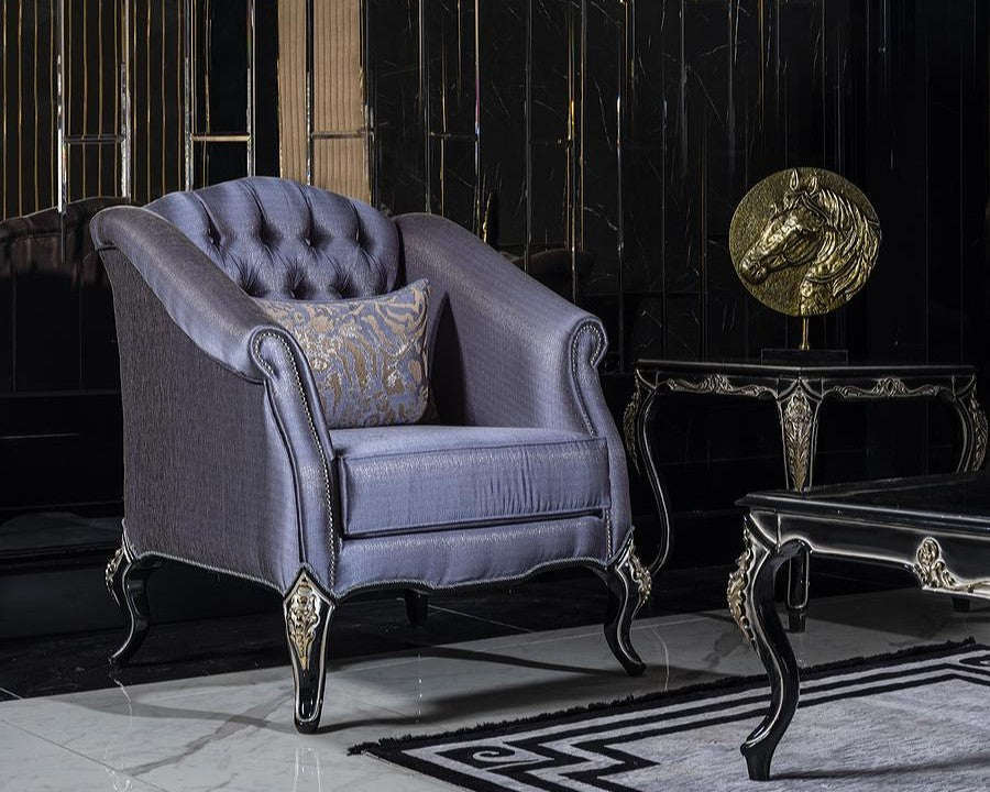 Luxury armchair with ornate French baroque carvings and decorative elements paired with a side table
