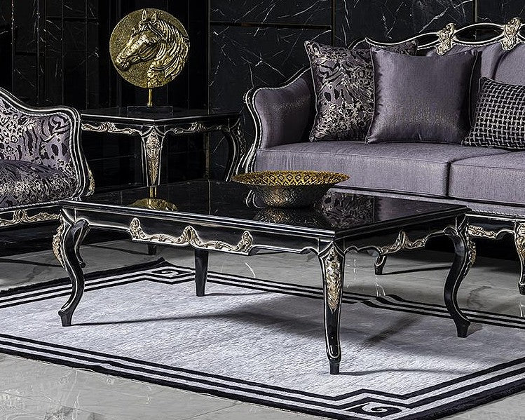 French Baroque Victorian Coffee Table with ornate carving details, with luxurious modern French sofa style in a luxurious living room