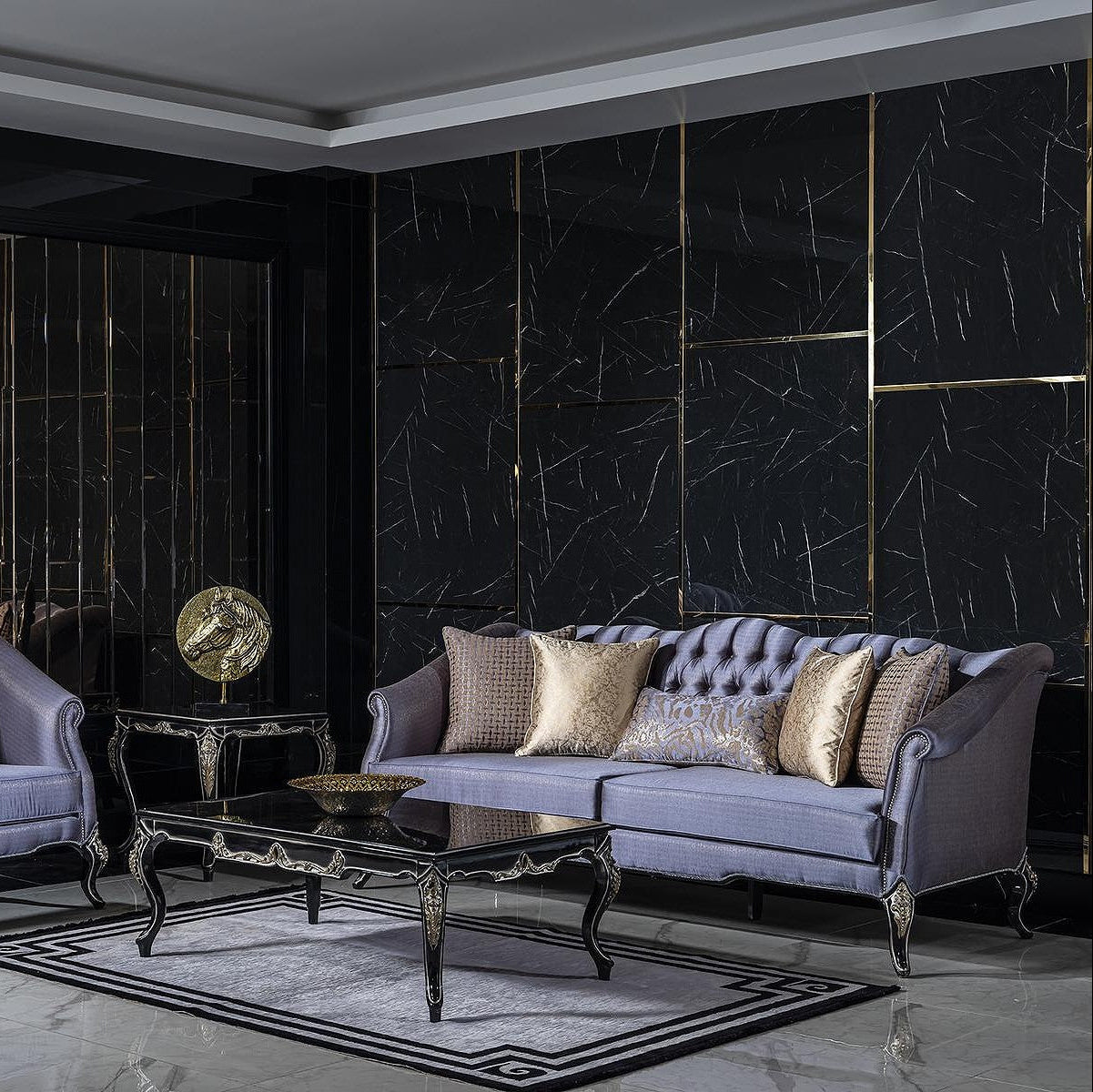 French Baroque Victorian Coffee Table, with luxurious modern French sofa style in a luxurious living room