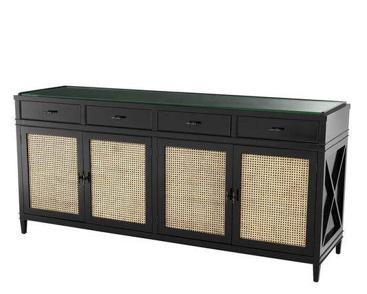 Black sideboard with rattan doors and green top on a white background