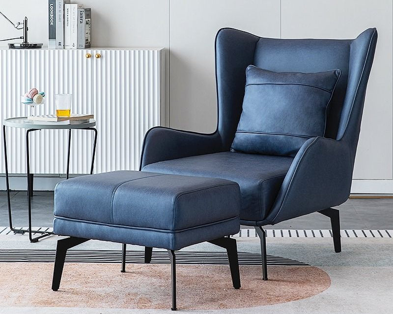 custom made modern furniture Singapore modern blue leather armchair with ottoman