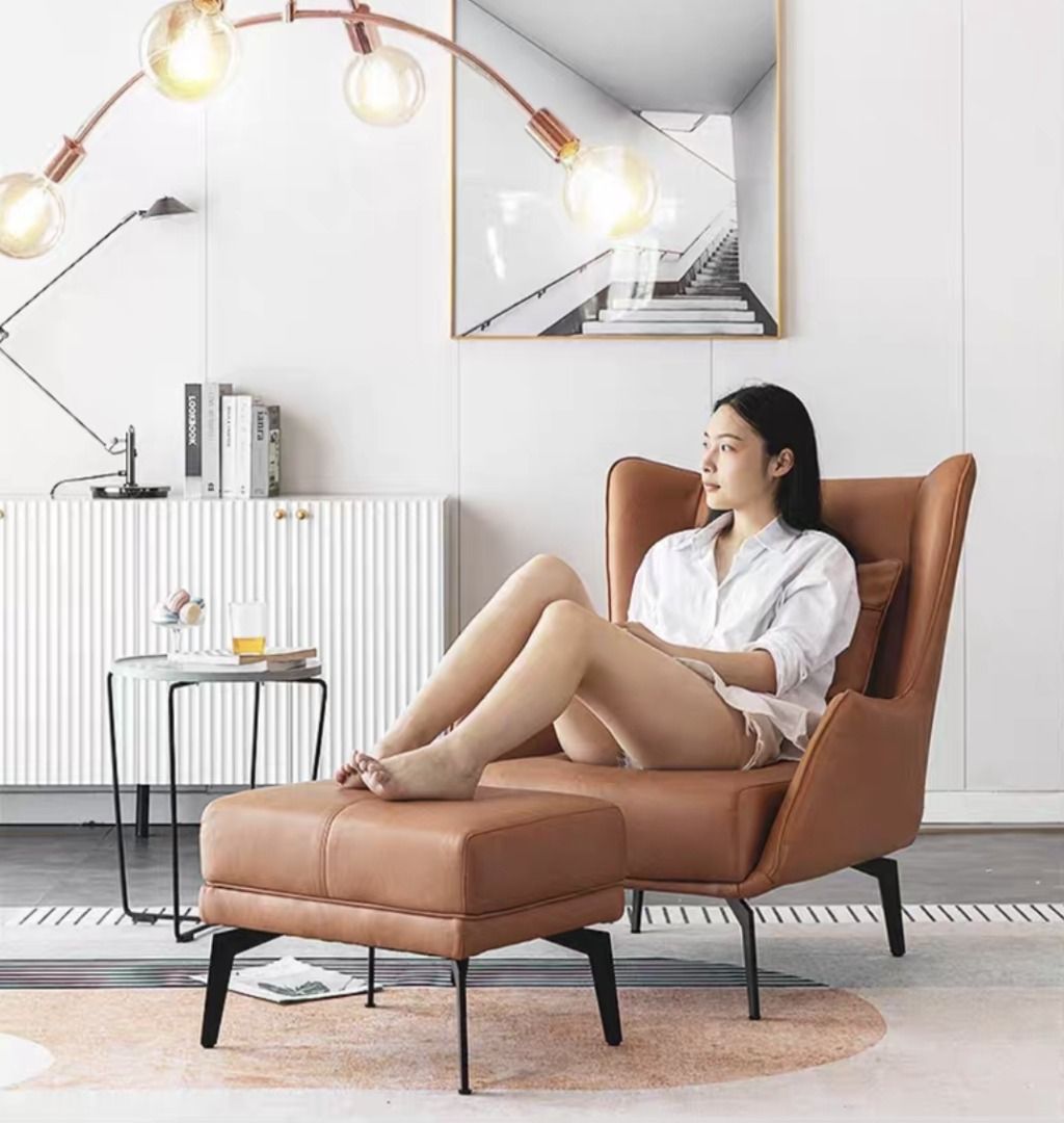 custom made furniture singapore modern brown leather armchair with ottoman, with a refined lady resting on it