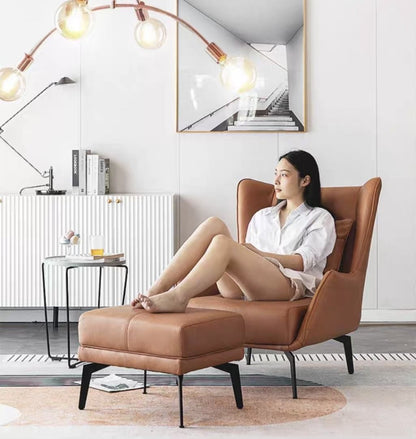 custom made furniture singapore modern brown leather armchair with ottoman, with a refined lady resting on it