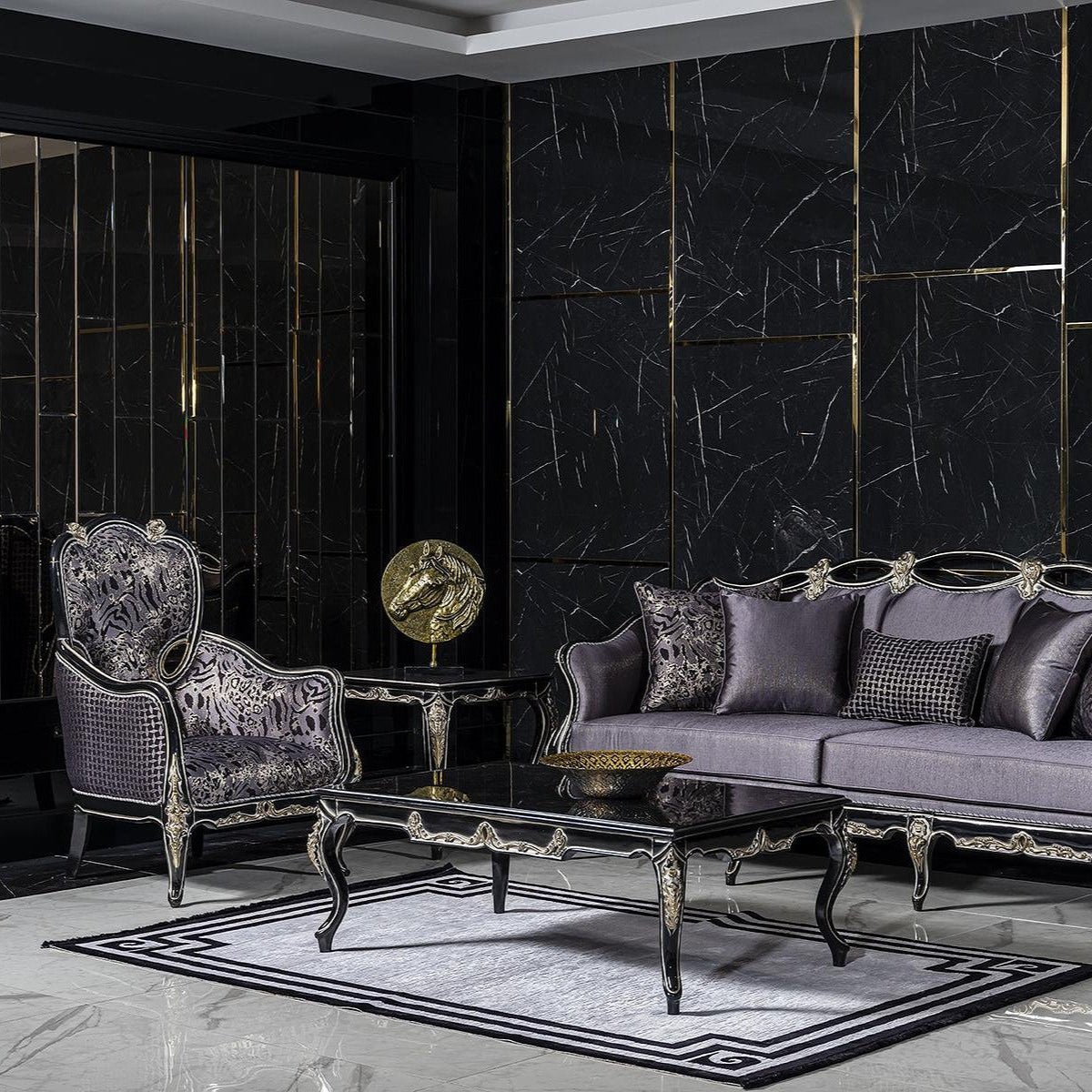 Luxurious French baroque armchair chair with ornate carvings and pattern fabric.
