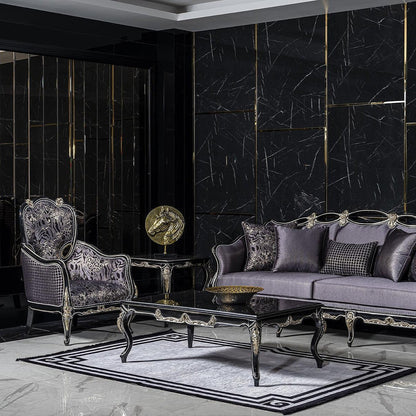 Luxurious French baroque armchair chair with ornate carvings and pattern fabric.