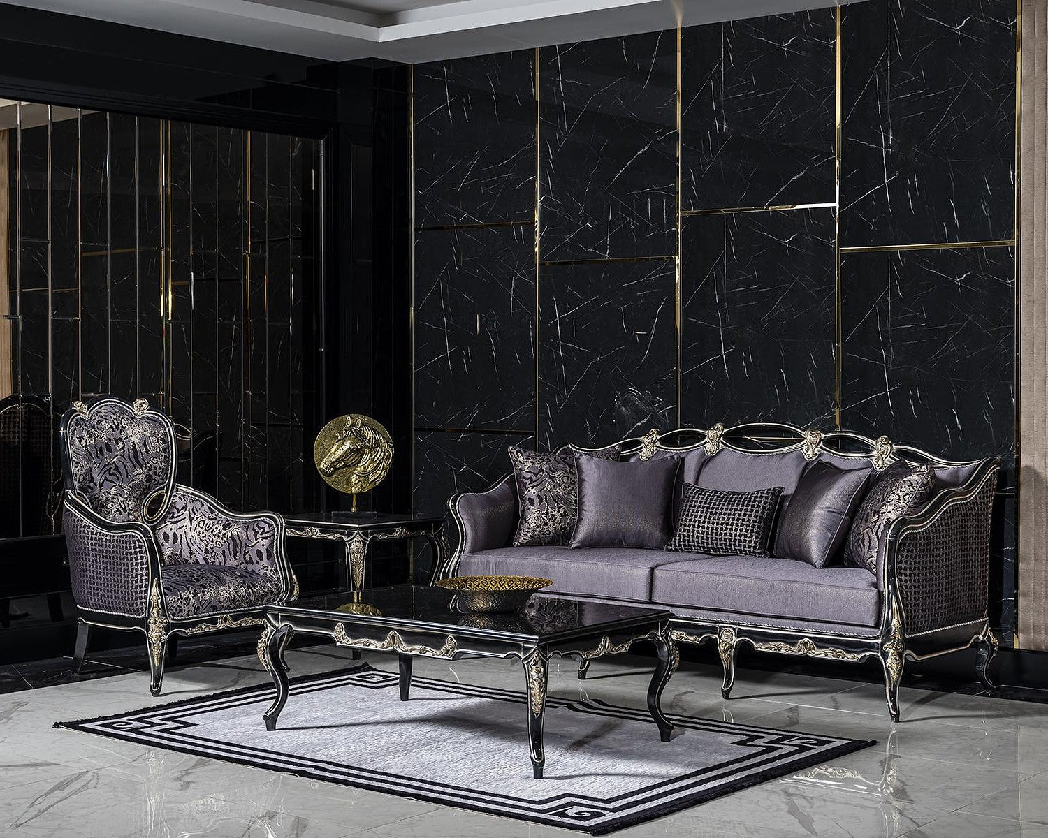 Luxurious living room with French baroque sofa and armchair ornate carvings and luxurious jacquard fabric.