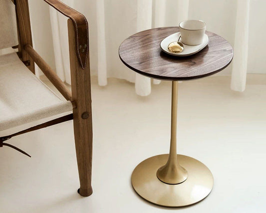 Modern minimalist round wooden side table with brass base legs , custom made furniture in Singapore