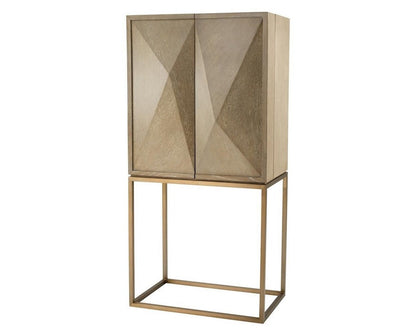 Decorative cabinet with geometric design and gold frame on a white background