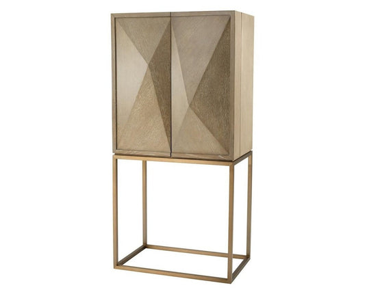 Decorative cabinet with geometric design and gold frame on a white background