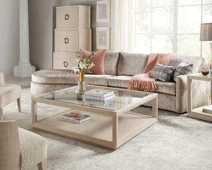 Living room with a gray sectional sofa, glass coffee table, and decorative pillows.