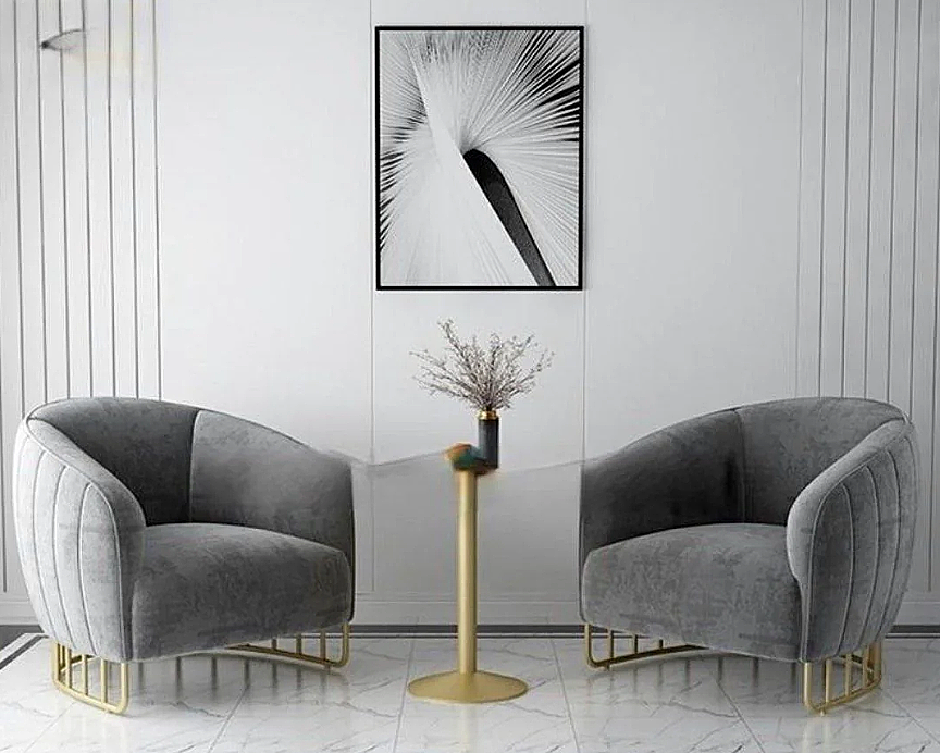 Custom made grey velvet modern luxury accent armchairs with gold frame legs in Singapore