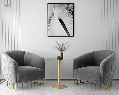 Custom made grey velvet modern luxury accent armchairs with gold frame legs in Singapore