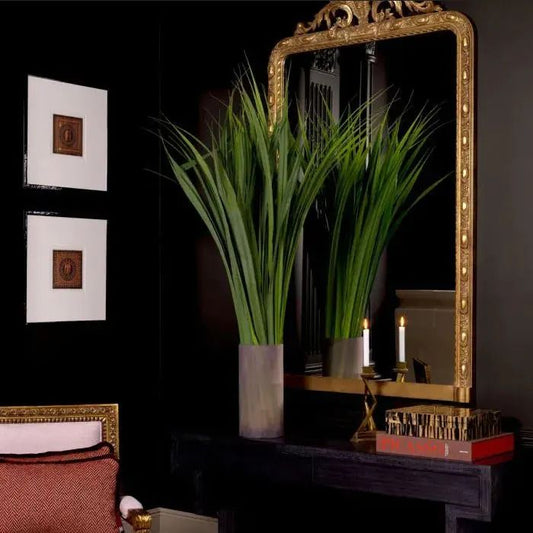 Decorative interior setting with a large mirror, plants, and candles.