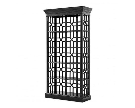 Black decorative shelf with geometric patterns on a white background