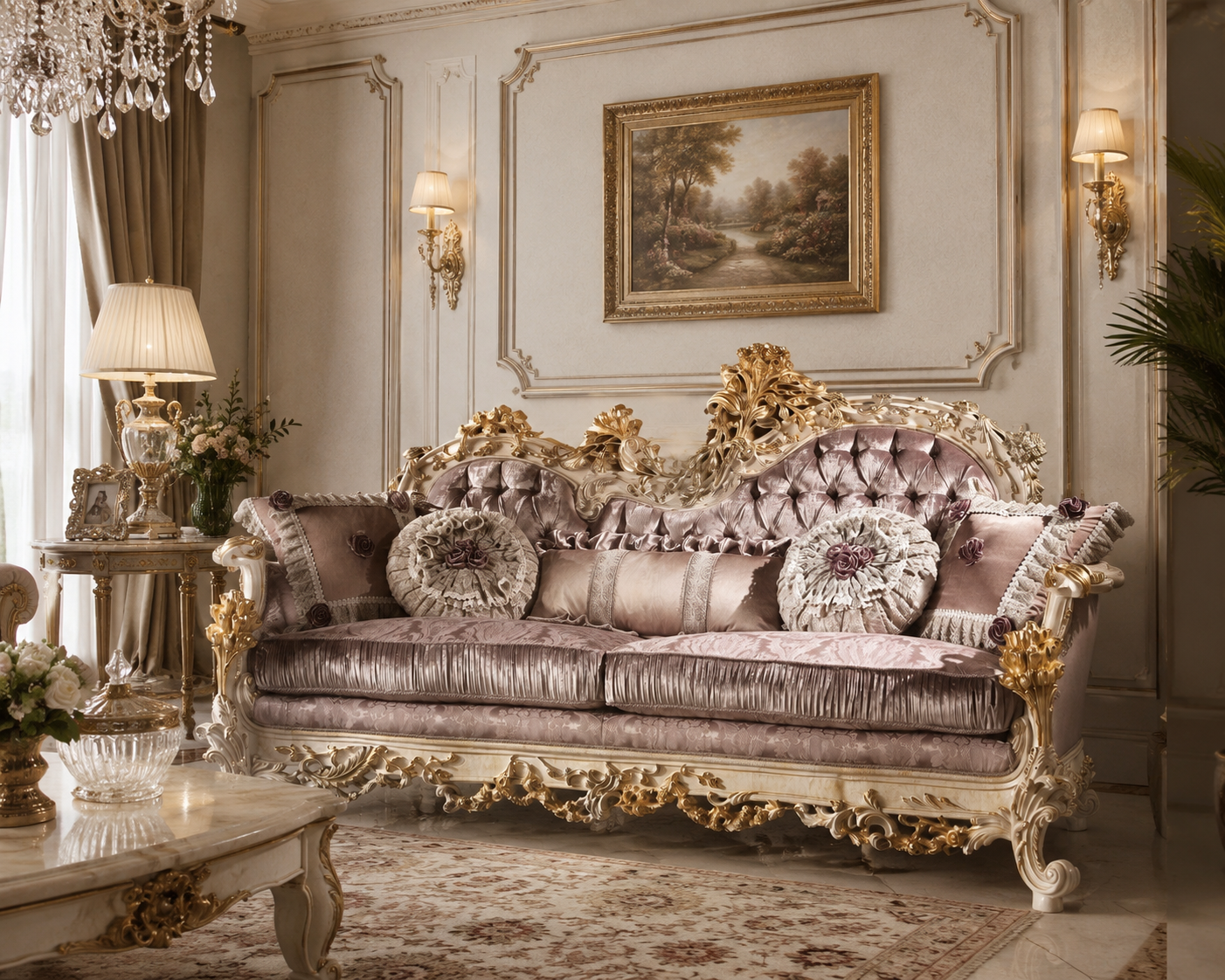 An ornate luxury sofa in a rich mauve-purple velvet fabric with intricate gold carved wood details, styled in a grand classical living room with matching decorative pillows, a crystal chandelier, and wall sconces.
