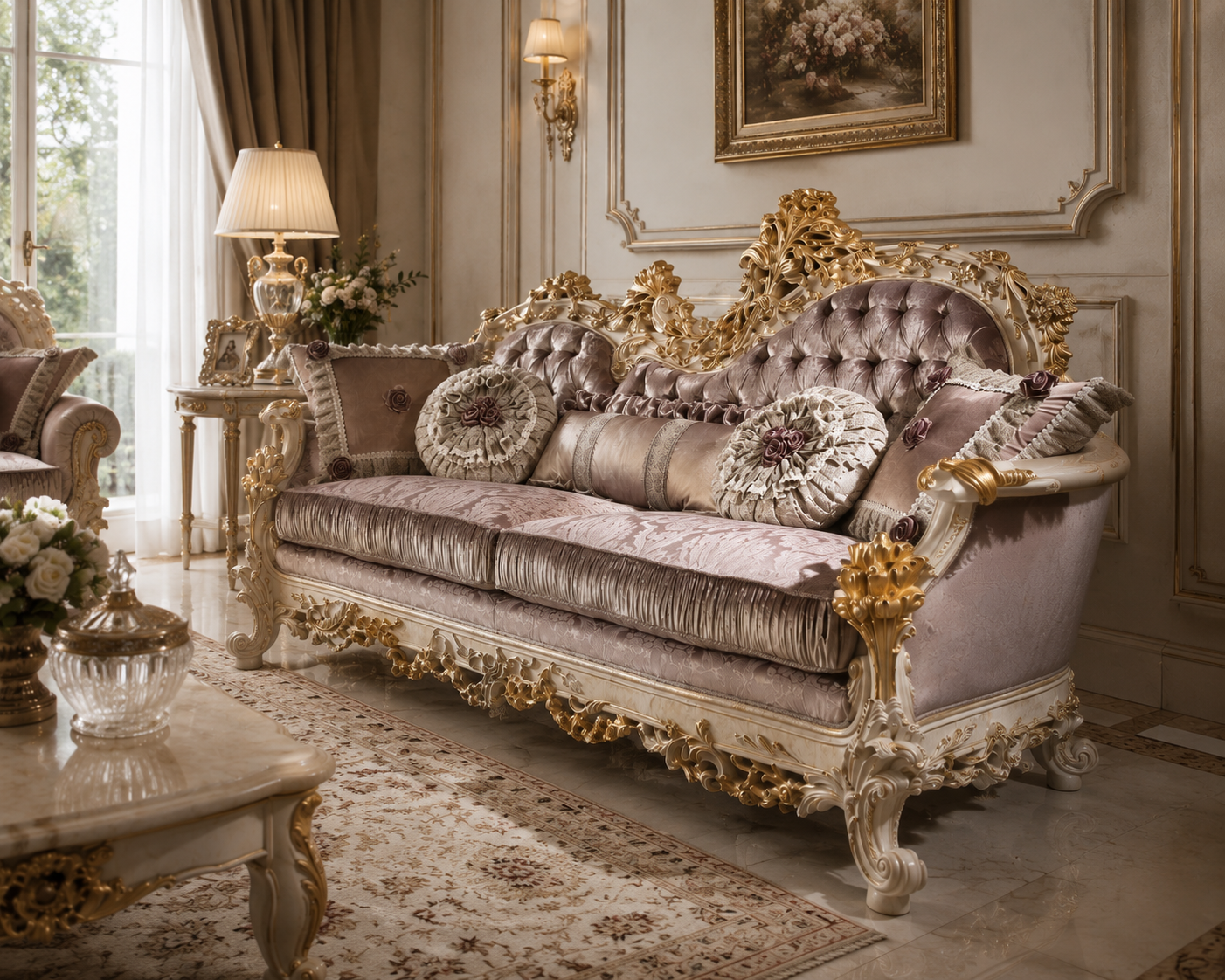 An ornate baroque-style sofa in a luxurious room, featuring dusty pink velvet upholstery and intricate gold carved wooden details.