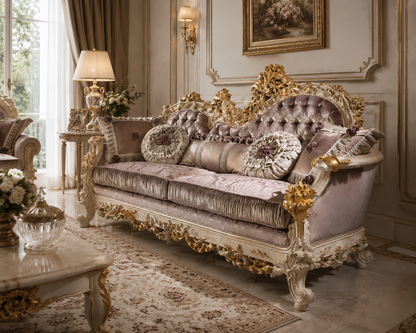An ornate baroque-style sofa in a luxurious room, featuring dusty pink velvet upholstery and intricate gold carved wooden details.