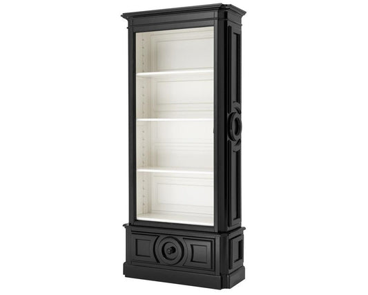 Black display cabinet with glass door on a white background