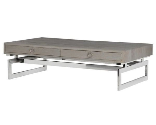 Coffee table with wooden top and metal base on a white background